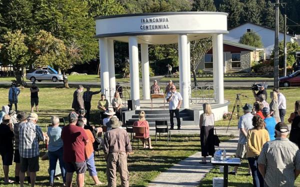 A socially distanced Reefton crowd gather for a protest at the closure of Ziman House, in March 2022.