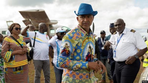 FILE - Co<em></em>ngolese Presidential candidate Moise Katumbi arrives at the Beni airport after holding a campaign rally in the town of Butembo, North Kivu province, Democratic Republic of Congo, Nov. 26, 2023. 