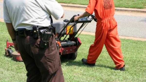 A priso<em></em>ner using a lawnmower