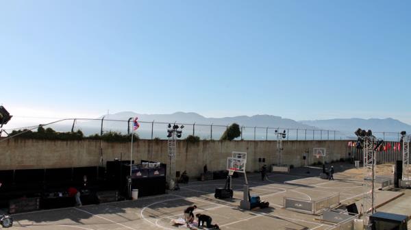 Prison yard with sports equipment