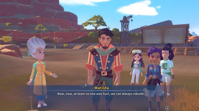 Matilda, Owen, Heidi, Mi-an, and the player character standing outside and talking after seeing the destroyed stage in My Time At Sandrock.