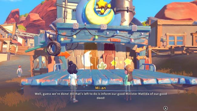 Player character speaking to Mi-an after rebuilding the Blue Moon Saloon's stage in My Time At Sandrock.