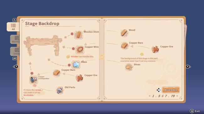 Player character in their journal and looking at the blueprint for the Stage Backdrop in My Time At Sandrock.