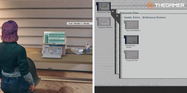 Starfield: Left, standing in front of Chief Engineer Terminal, right: looking at the perso<em></em>nnel files on the terminal