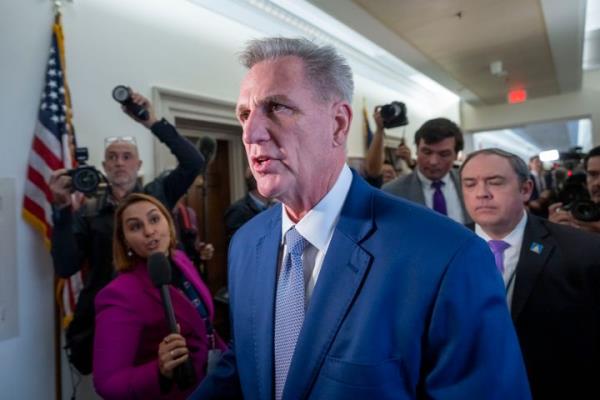 Former House Speaker Kevin McCarthy arrives as Republicans meet to decide who to nominate to be the new House speaker on Oct. 24.