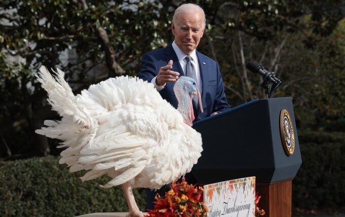 Joe Biden pardons the Natio<em></em>nal Thanksgiving turkeys Liberty and Bell during a ceremony on the South Lawn of the White House on November 20, 2023 in Washington, DC