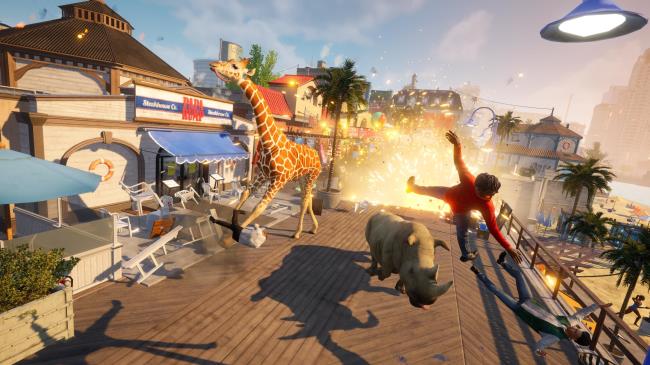 An explosion with people and animals being blasted away in Goat Simulator 3 Mobile.