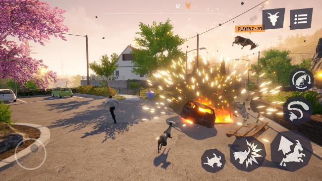 Two goats next to an exploding car while a man runs away in Goat Simulator 3 Mobile.