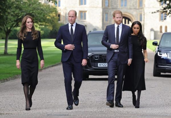 Catherine, Princess of Wales, Prince William, Prince of Wales, Prince Harry, Duke of Sussex, and Meghan, Duchess of Sussex on the long Walk at Windsor Castle.