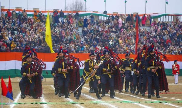 An Indian marching band in a stadium in Srinagar, January 2024.