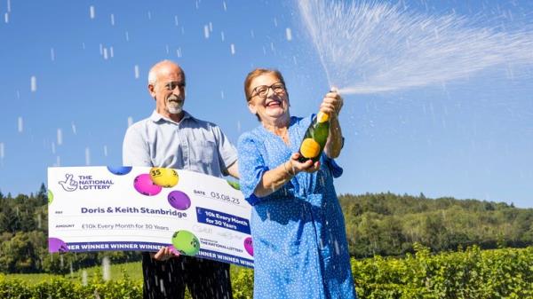 EMBARGOED TO 0001 TUESDAY DECEMBER 26 Undated handout photo issued by Camelot of Doris and Keith Stanbridge from Dorking celebrate ￡10,000 every mo<em></em>nth for the next 30 years Set for Life win from The Natio<em></em>nal Lottery. Issue date: Tuesday December 26, 2023.