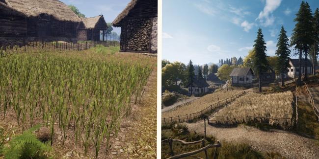 image of player farmland next to image of village with farmland in front