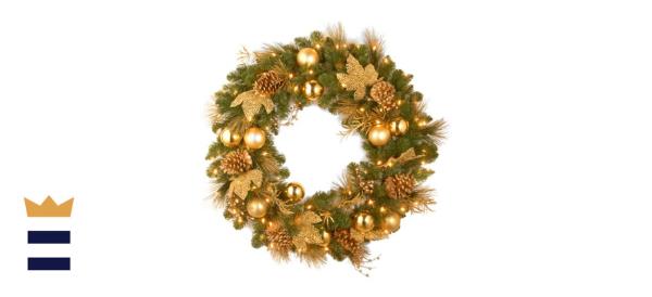 Greyleigh Gold Ornaments Gold Leaves and Pine Co<em></em>nes Elegance Lighted Wreath