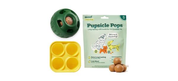 A refillable dog treat ball, a silicone tray for freezing treats (4 round cupcake-shaped molds included in the tray), and a bag of refill treats (Pupsicle Pops)