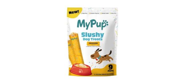 a white bag of MyPup Slushy Dog Treats (chicken flavor) with pictures of the yellow tubes of treats inside