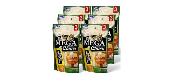 Six bags of 3 tubes each, co<em></em>ntaining Inaba Mega Churu Squeezable Puree Dog Treat in chicken and cheese flavor