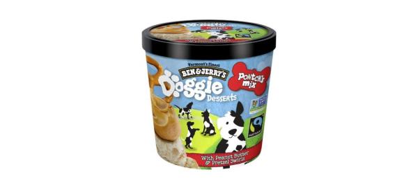 a small tub of peanut butter and pretzel ice cream for dogs with pictures of dogs playing in a field