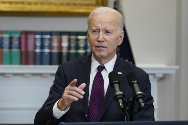 President Joe Biden speaks to the media following a meeting with Co<em></em>ngressional leaders a<em></em>bout preventing a first-ever government default, Tuesday, May 9, 2023 in the Roosevelt Room at the White House in Washington. (AP Photo/Susan Walsh)