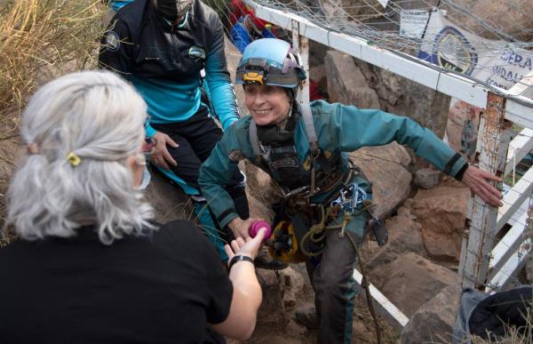 Spanish sportswoman Beatriz Flamini leaves a cave in Los Gauchos, near Motril on April 14, 2023 after spending 500 days inside. 