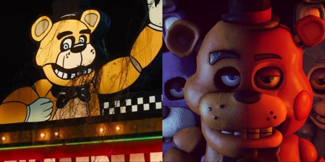 A collage of the FNAF sign in the movie on the left and the lineup of the animatro<em></em>nics on the right.