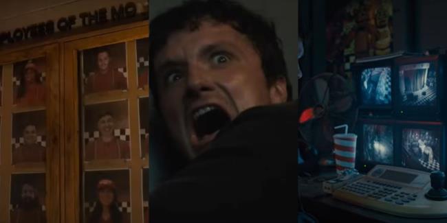 FNAF movie triple image showing employee of the mo<em></em>nth wall, Mike, and security office