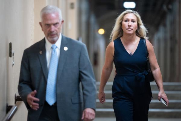 A photo of Rep. Bill Johnson, the incoming Youngstown State University president, seen with Rep. Marjorie Taylor Greene at the Capitol in June for a House Republican Co<em></em>nference caucus meeting. 