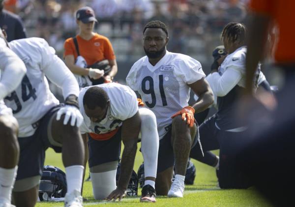 Bears defensive end Yannick Ngakoue at training camp on Aug. 8, 2023, at Halas Hall.