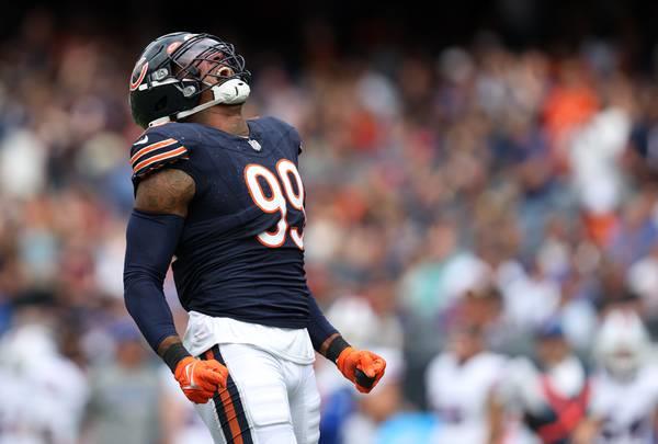 Offensive tackle Darnell Wright speaks with the media on the first day of Bears rookie minicamp at Halas Hall on May 5, 2023.