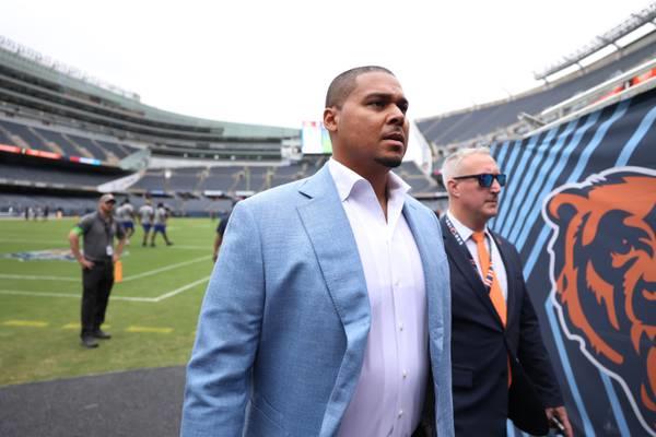 Bears general manager Ryan Poles walks off the field before a preseason game against the Bills on Aug. 26, 2023, at Soldier Field.