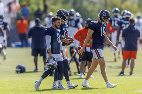 Bears kickers Cairo Santos and Andre Szmyt and punter Trenton Gill at training camp on Aug. 2, 2023.