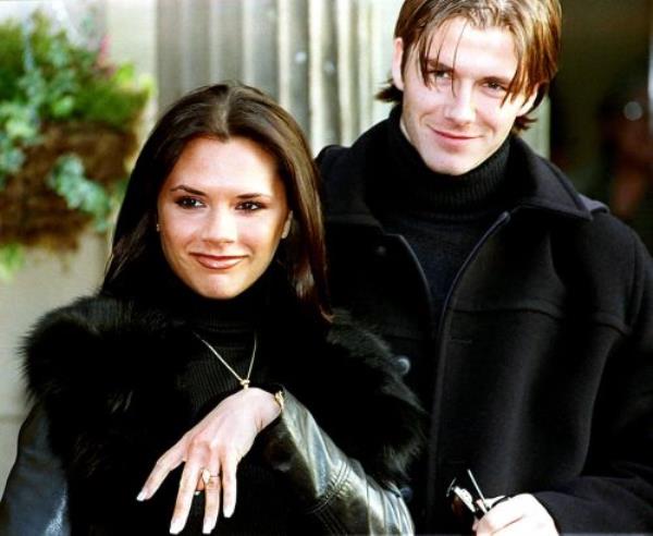 Victoria and David Beckham after announcing their engagement in 1998