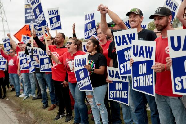 Striking UAW members from the General Motors Lansing Delta Plant picket in Delta Township