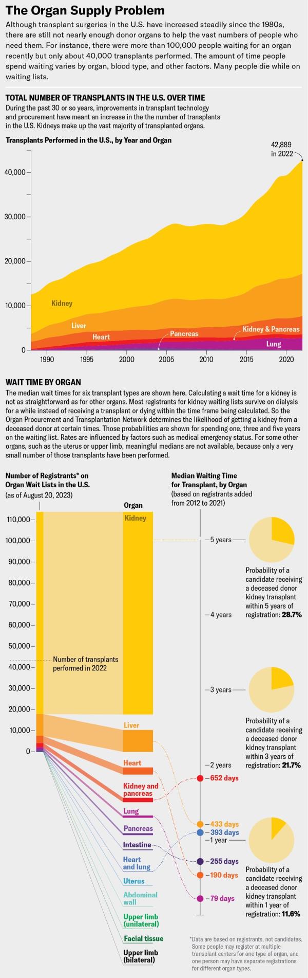 Area chart shows number of transplants performed in the U.S. annually, by organ, from 1988 to 2022. Accompanying stacked bar chart shows the number of registrants on transplant wait lists by organ as of August 20, 2023, paired with a timeline showing median wait times by organ. Kidneys are associated with the largest values in all charts.