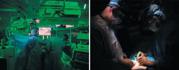 Scene in the operating room and surgery scence showing close-up of surgeon’s hands closing surgery wound.