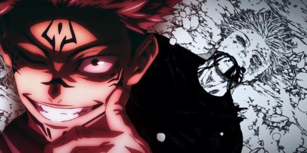 Jujutsu Kaisen's Sukuna smirking with Gojo's death scene in the background.