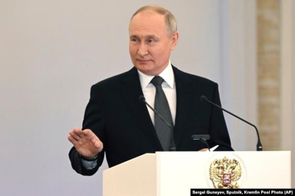 Russian President Vladimir Putin delivers a speech during a ceremony to present Gold Star medals to Heroes of Russia at the St. George Hall of the Grand Kremlin Palace in Moscow, Russia, Dec. 8, 2023.