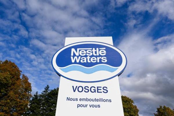 The Nestle Waters Vosges' Vittel bottling plant sign in Vittel, northeastern France, on October 24, 2023.