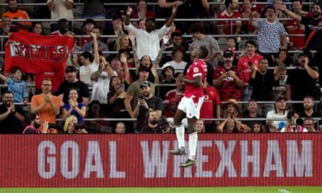 Aaron Hayden celebrates after scoring against Manchester United on Wrexham’s US tour