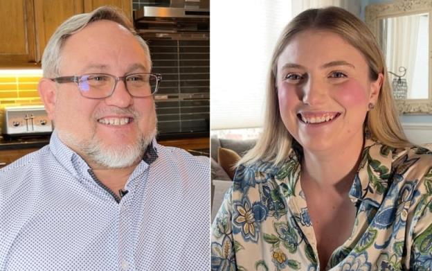 Two people are pictured in this photo. Rick Schell is wearing a blue dress shirt. He has gray hair and a beard. He's also wearing glasses. Janelle Sandboe is wearing a shirt with a flower pattern. They are co<em></em>nsidering running for city council in Chestermere, Alta.