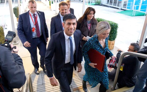 Rishi Sunak arrives on day three of Tory co<em></em>nference in Manchester this morning 