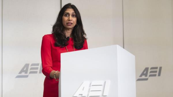 UK Home Secretary Suella Braverman delivers an address on migration challenges at the American Enterprise Institute in Washington on September 26.