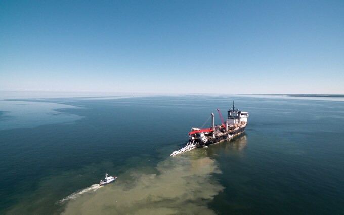 A view of the Balticco<em></em>nector pipeline as it is pulled into the sea in Paldiski, Esto<em></em>nia in an undated handout photo taken in 2019.