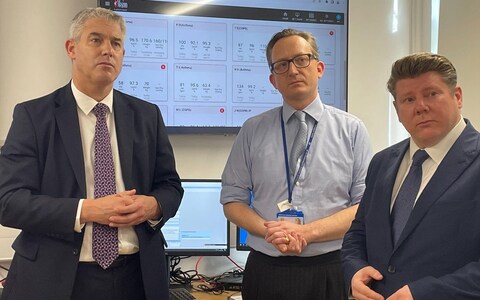 Heath Secretary Steve Barclay speaks to staff during his visit to Watford General Hospital in January