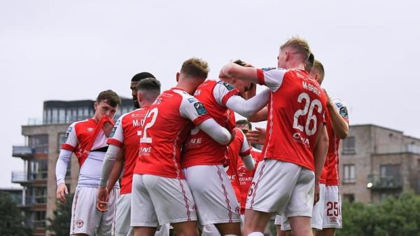 St Patrick's Athletic players celebrate after Jason McClelland (c) scored their fifth goal