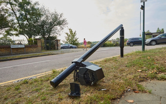 A damaged camera in Bexley, south east London. Each camera is believed to be worth ￡10,000