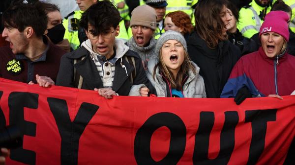 Greta Thunberg joined protesters  during the demo<em></em>nstration which used the slogan:  