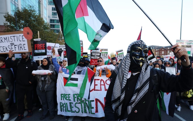 Pro-Palestine protest makes its way through Vauxhall, south London, on Armistice Day