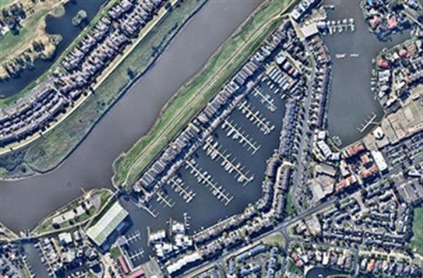 Overhead view of the residential area and marina at Endeavor Cove in Patterson Lakes. 