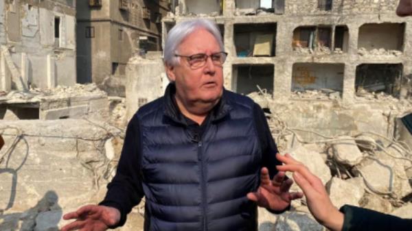 United Nations (UN) Under-Secretary-General for Humanitarian Affairs and Emergency Relief Coordinator Martin Griffiths gestures as he stands near damaged buildings, in the aftermath of a deadly earthquake, in Aleppo, Syria 13 February, 2023. Photo: REUTERS/Firas Makdesi/FILE PHOTO