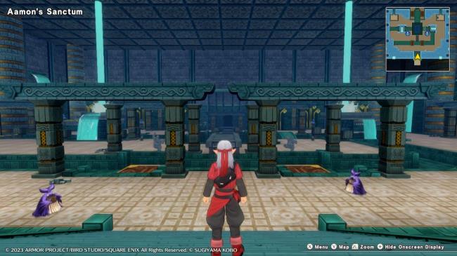 Psaro standing on a staircase at the entrance of Aamon's Sanctum near two Baleen Mages in Dragon Quest Monsters: The Dark Prince.